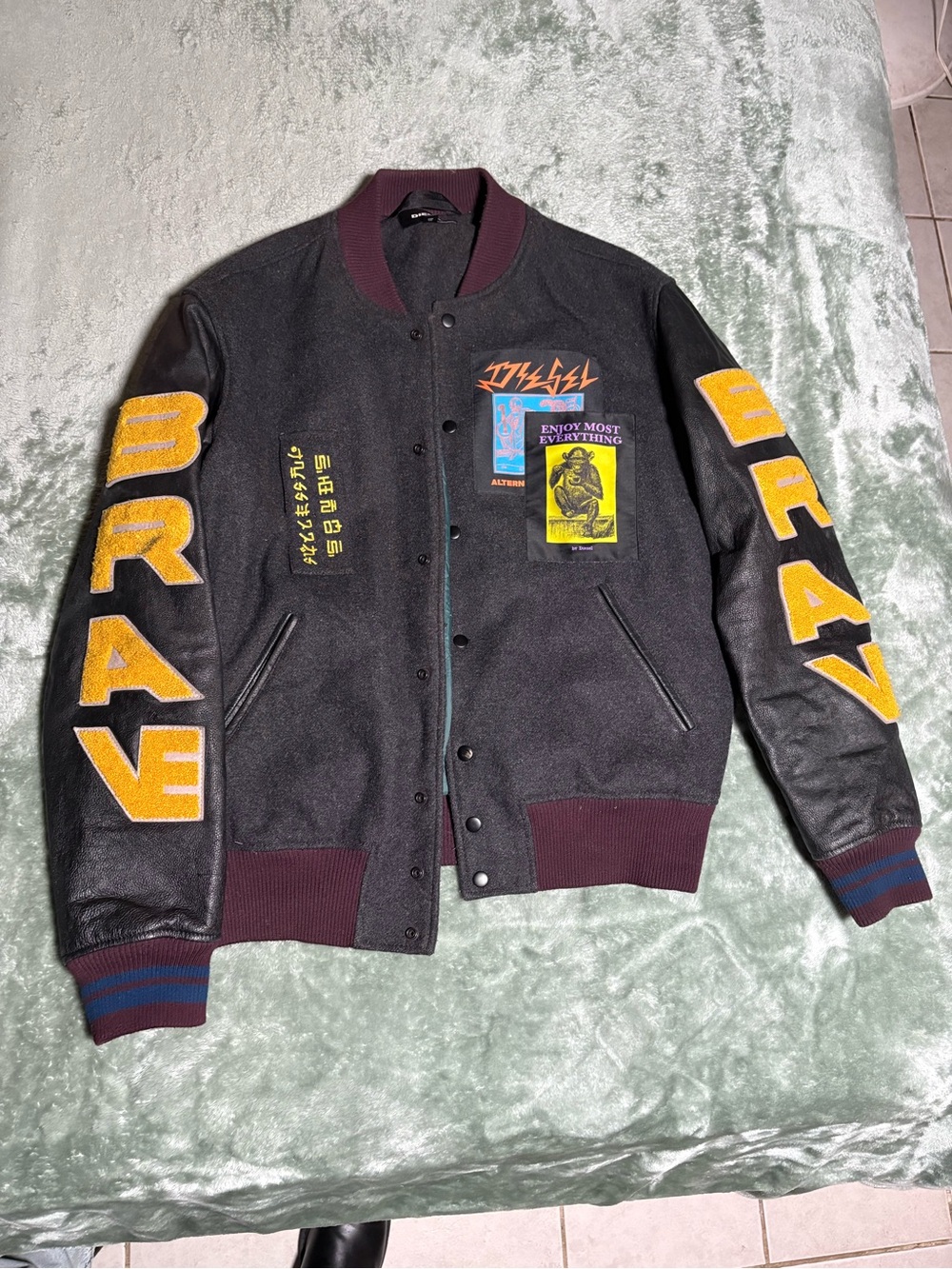 Diesel Men's Black & Burgundy Patchwork Varsity Jacket. Wool & Leather